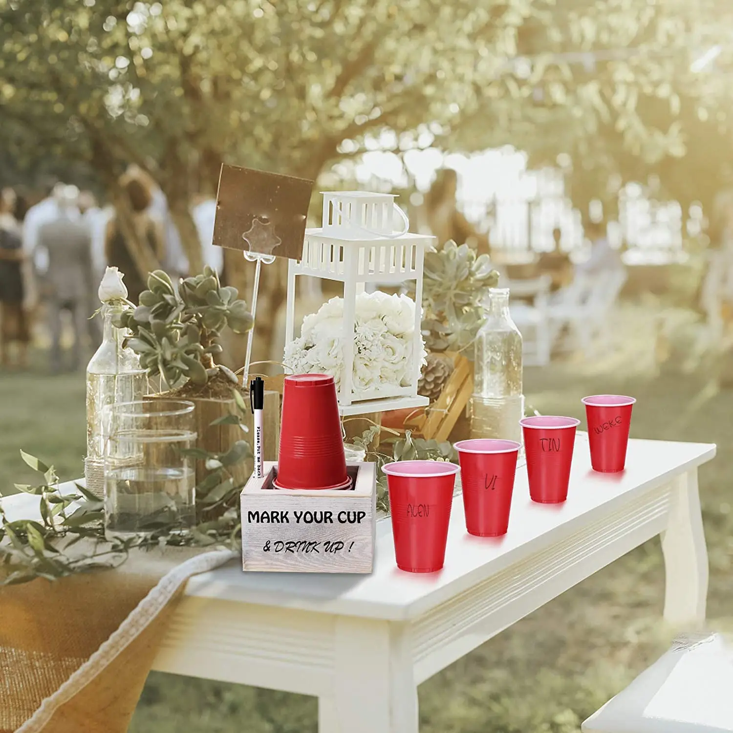 Outdoor Rustic Drink Caddy Dispenser Bar BBQ Decor Mark Your Cup and Drink up Wood Party Solo Cup Holder with Marker Slot