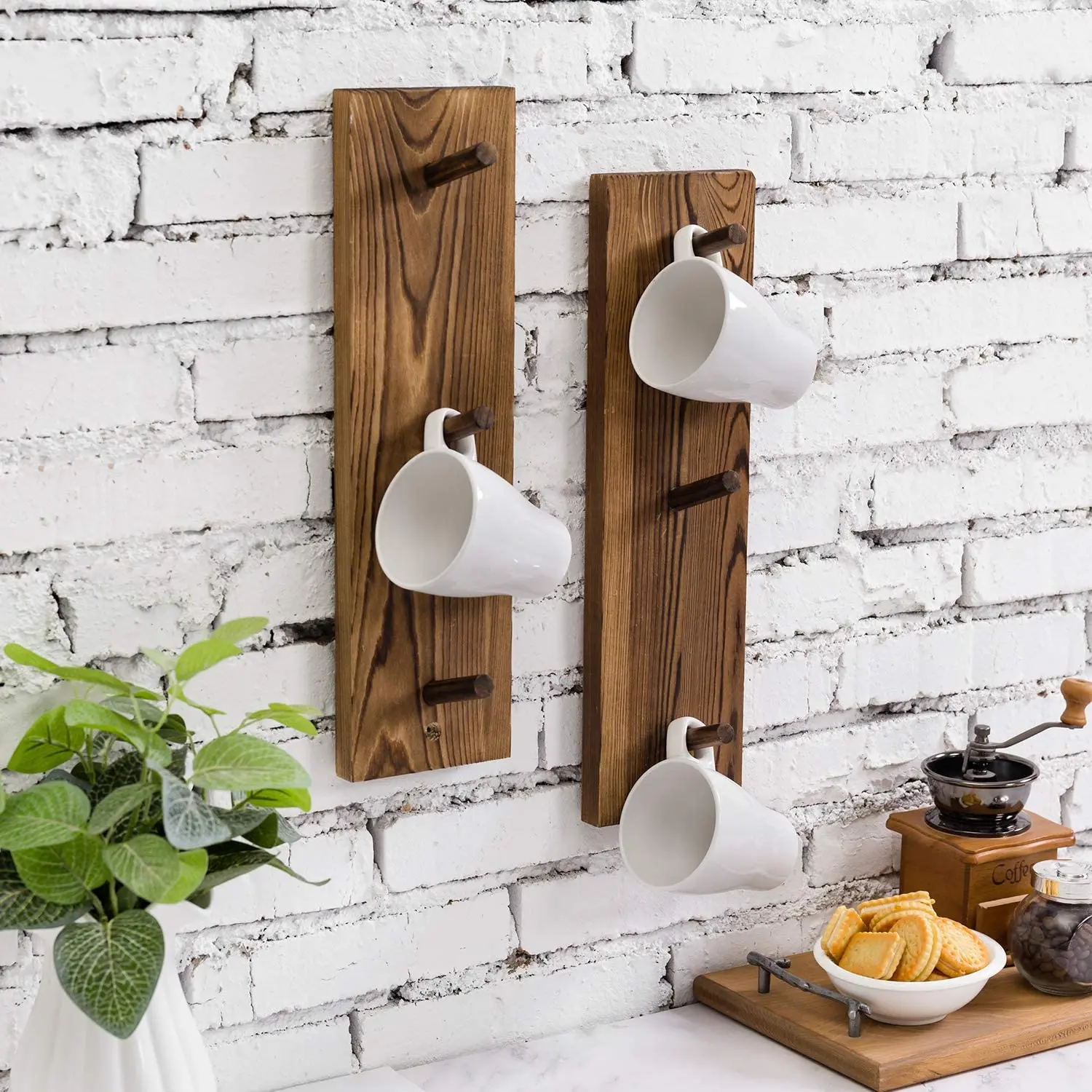 
3-Hook Wall Mounted Rustic Burnt Solid Wood Mug Hanging Storage Rack 