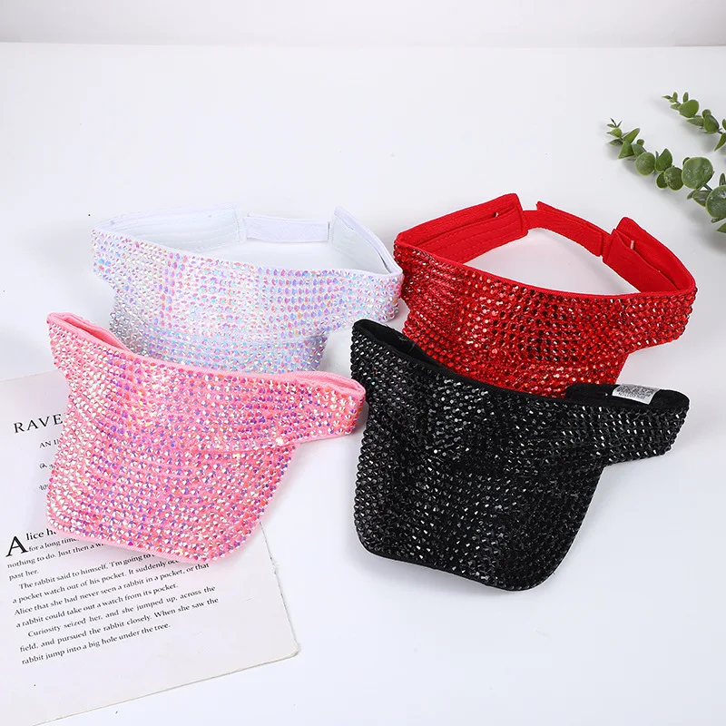 Hot Sale Trendy Bling Sparkle Shiny Glitter Diamond Rhinestones Summer Outdoor Beach Adjustable Colorful Unisex Sun Visor Caps