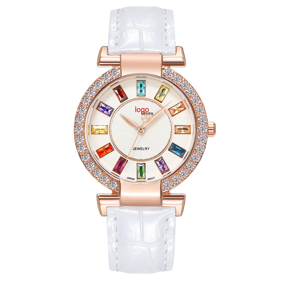 Wholesale Hip hop Luxury Rainbow Baguette Crystal Diamond Wristwatch Quartz Watch Colorful CZ Stones Women Watches