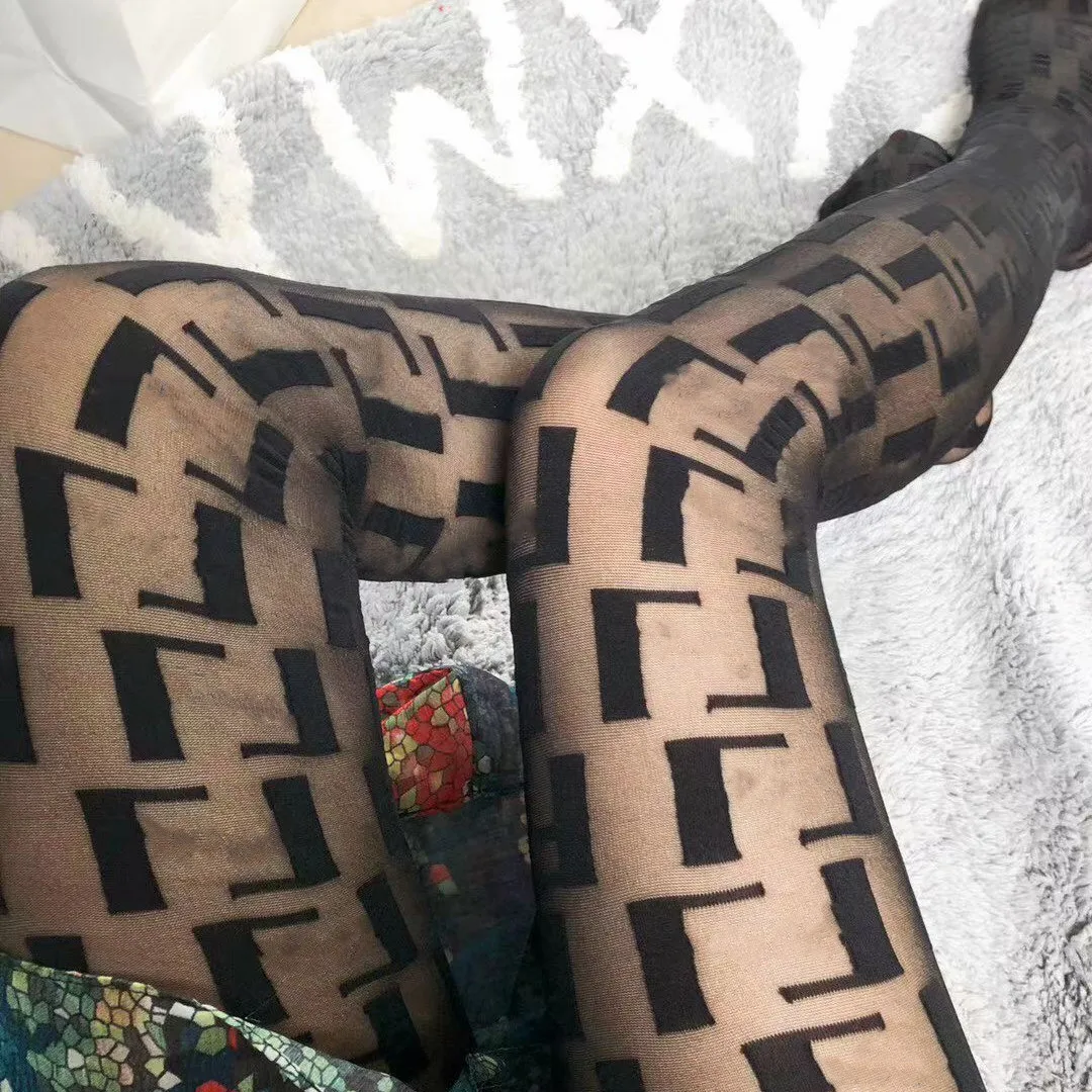 Designer Letters F  Print Ladies Tights Stocking Sexy  Mesh Breathable Black Pantyhose for Women