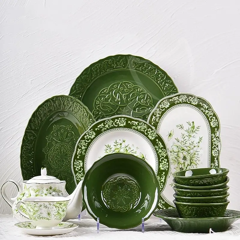 Original Design French Retro Dark Green Ceramic Tableware Bowl Dish Coffee Cup Teapot Luxury Style Creative Tableware