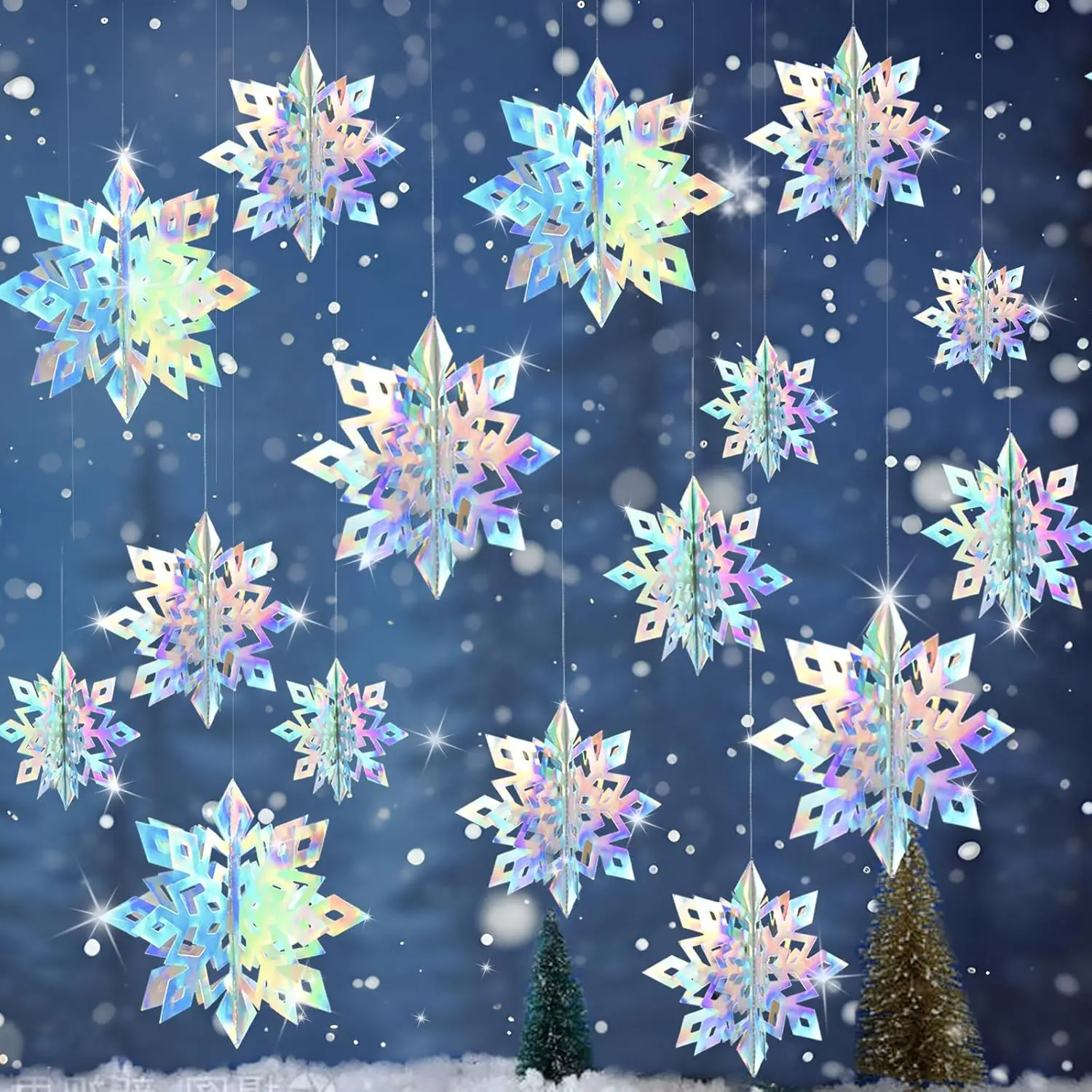 3D Iridescent Snowflakes 3D Laser Paper Snow Flakes for Christmas Winter Wonderland Snow White Holiday Birthday Home Party Decor