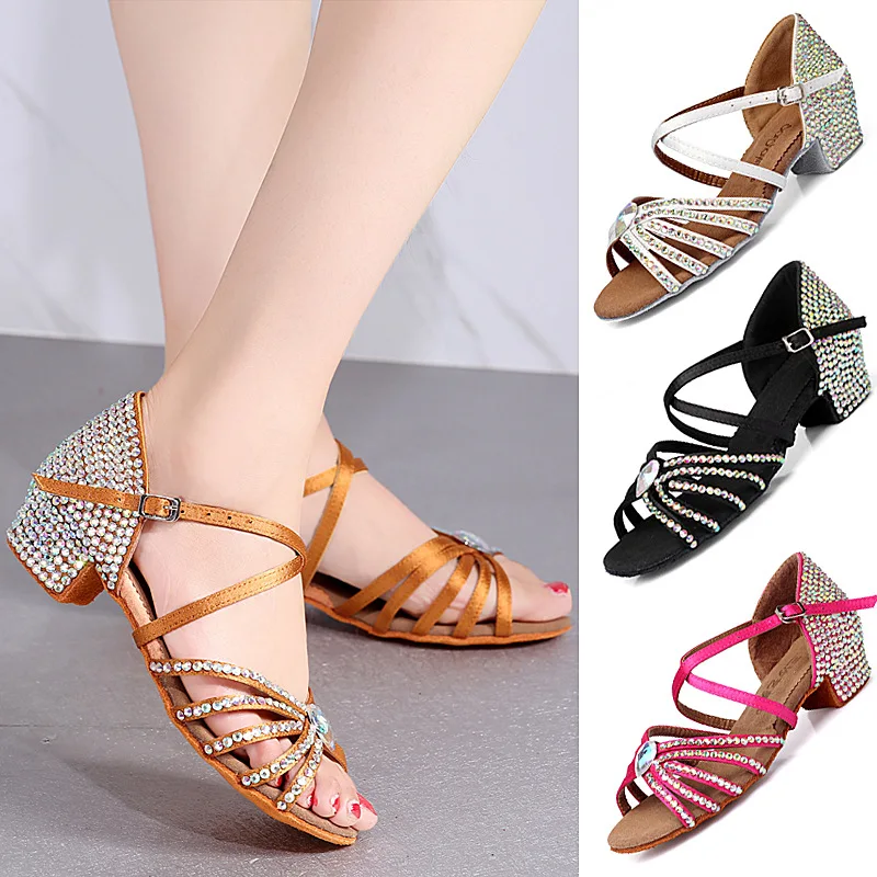 С украшением в виде кристаллов Женская танцевальная обувь на низком каблуке; Женская обувь для танцев, обувь для девочек