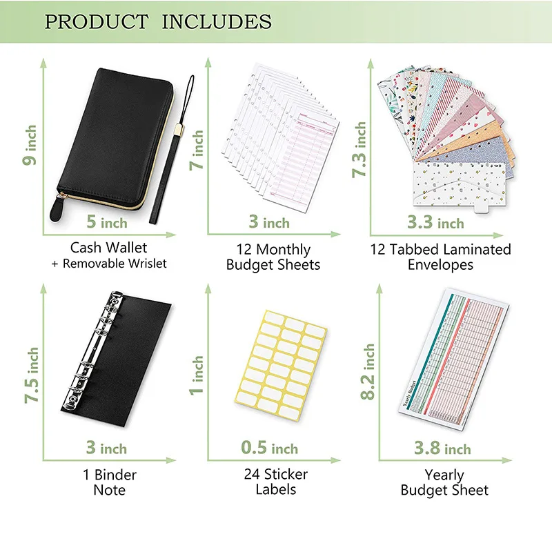 Women Cash Envelope long Zipper Saffiano Leather Multi-function Clutch Budget Wallet with A6 Binder
