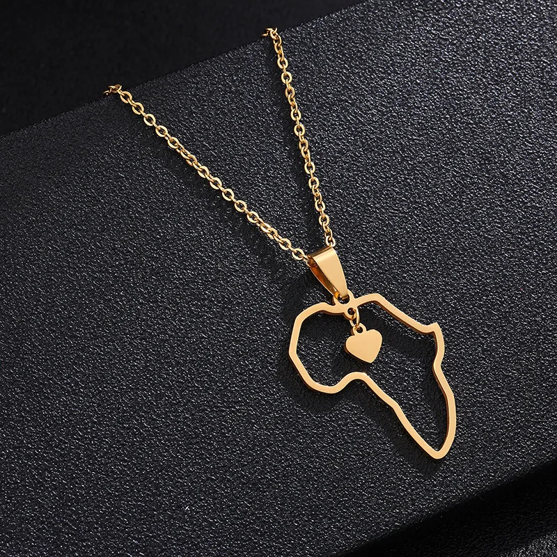 Shangjie OEM collar hip hop hollow africa map necklace heart stainless steel pendant necklace gold plated women necklace