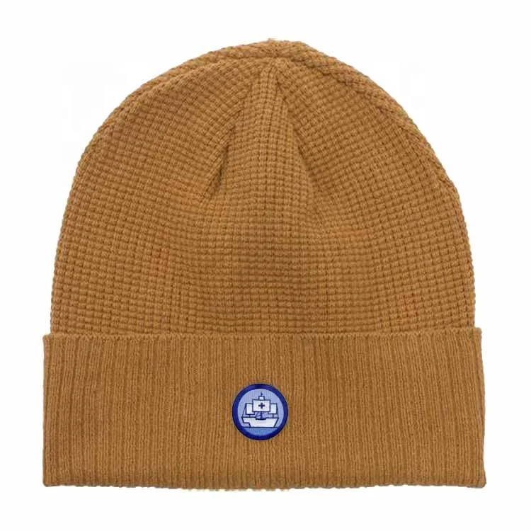 China Manufacture custom logo tag wool  cashmere waffle-knit design beanie hat rolled cuff beanies for men