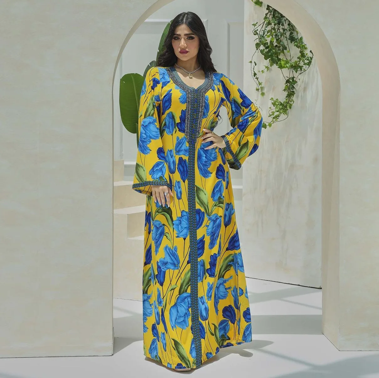 New Arrival Muslim Floral Print Long Jalabiya For Women Elegant Algeria Moroccan Kaftan Arabian Style Maxi Dresses Abaya