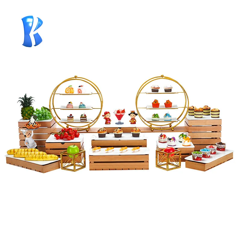 OKEY 5 star  hotel wood cake dessert display stand luxury tableware square rack elevation wooden buffet rack