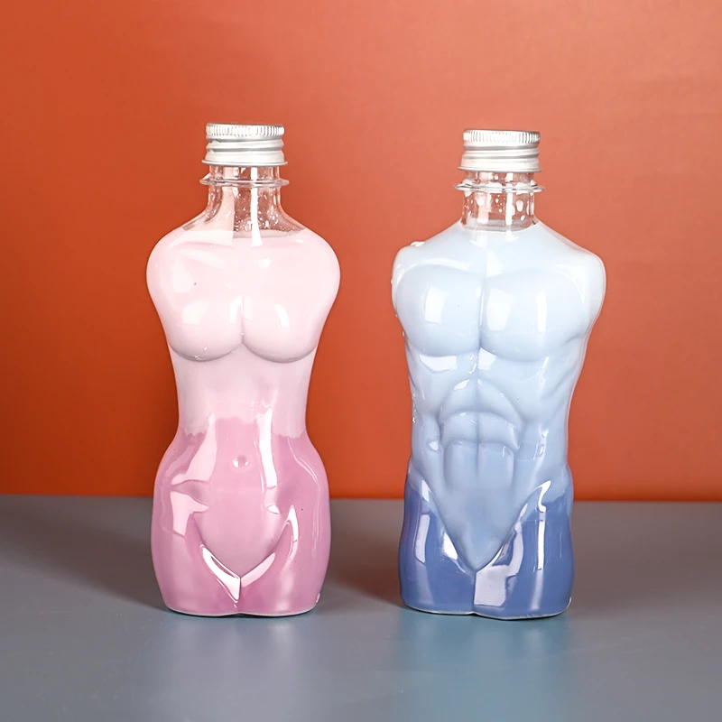 Luxury Beverage Packaging Bottles Set PET 500ml 200ml Women Female Body Shaped Bottle with Aluminum Lid