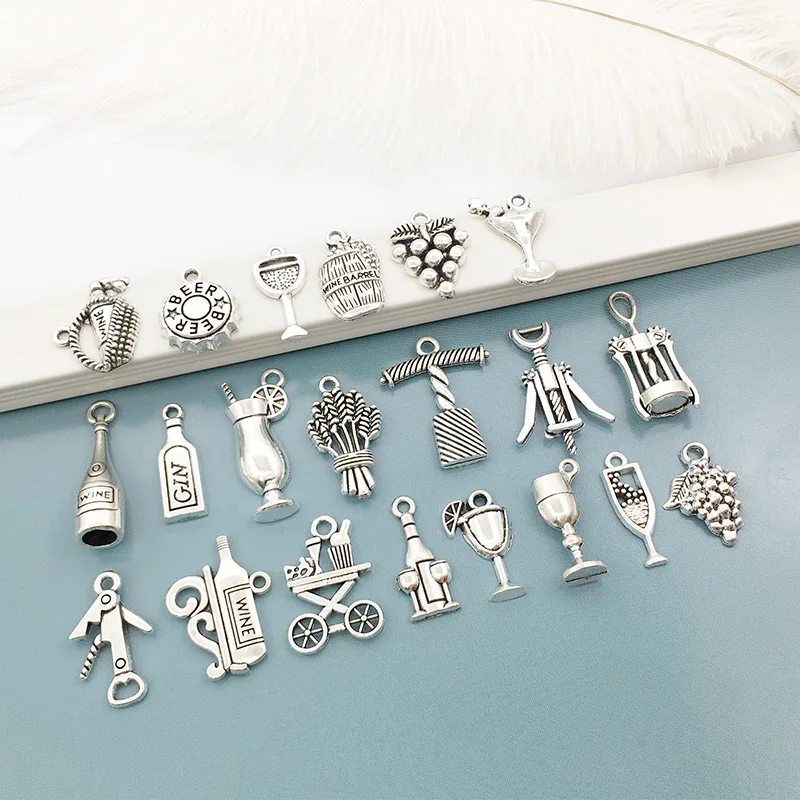 Charms Beer Barrel Grape Wine Opener Glass Antique Silver Color Mixed Pendants DIY Findings Tibetan Making Jewelry Craft