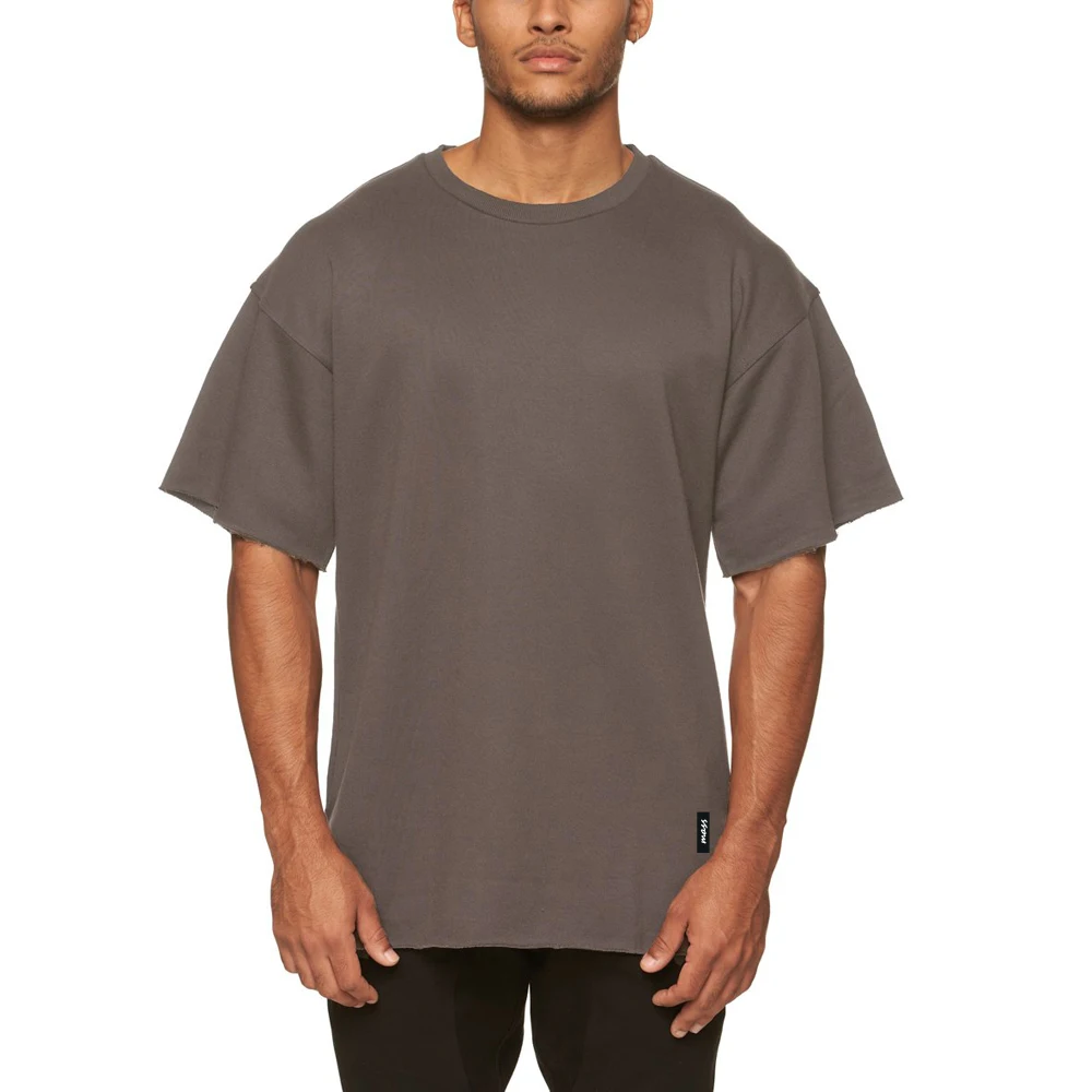 New style casual round neck t shirt french terry blank raw hem mens oversized tshirt
