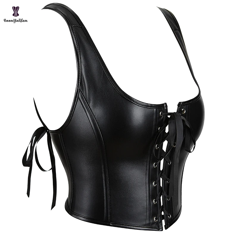 Shoulder Strap Summer Fashion Corsets And Bustiers Fitness Vest Tank Tops Women Faux Leather Corset Crop Top With T String