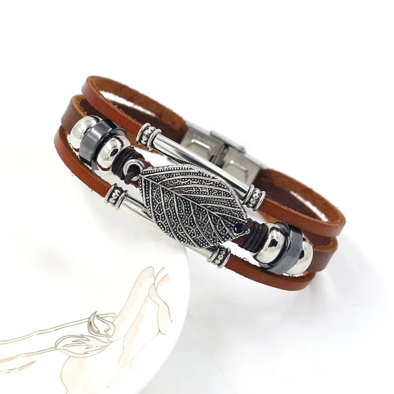 
Wholesale New designer genuine Alloy Leaf Handmade Leather Adjustable bracelets and Gemstone bangles for men 