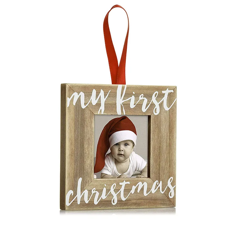 Rustic Baby First Christmas Wooden Picture Frame Ornament