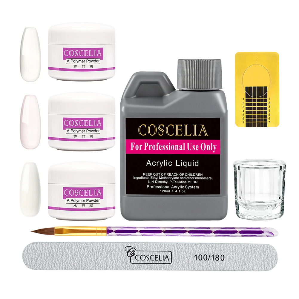 Производство COSCELIA, оптовая продажа, набор акриловых порошков объемом 120 мл с комплектом жидких порошков для ногтей, фирменная торговая марка, Пользовательский логотип