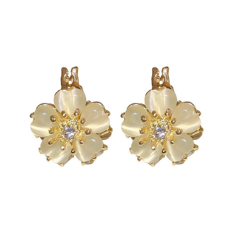 South Korea Diamond-Embedded Opal Flower Love Ear Clip Affordable Luxury Fashion Earrings Elegant High-Grade Wholesale