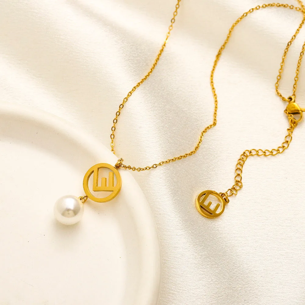 Designer Luxury Brand Stainless Steel Necklace & Earrings Set with Pearl 18K Gold Plating for Wedding Engagement Gift Giving