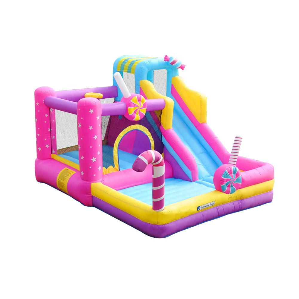 Inflatable bouncy house, climbing wall, jumps, water guns, splash pool for children in indoor & outdoor backyard.