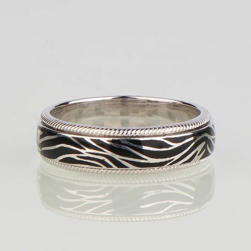 Customized Vintage Exotic Solid 925 Sterling Silver Light Luxury Designer Leopard Textured Damascus Style Enamel Ring For Women