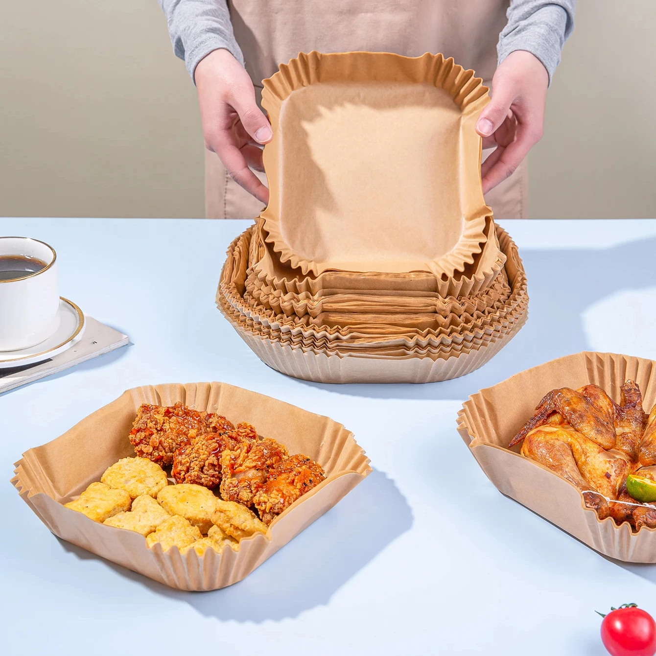 hot selling 2024 food grade silicone plain color 20cm*20cm* height 4.5cm 50pcs square Moulds Air Fryer Liner