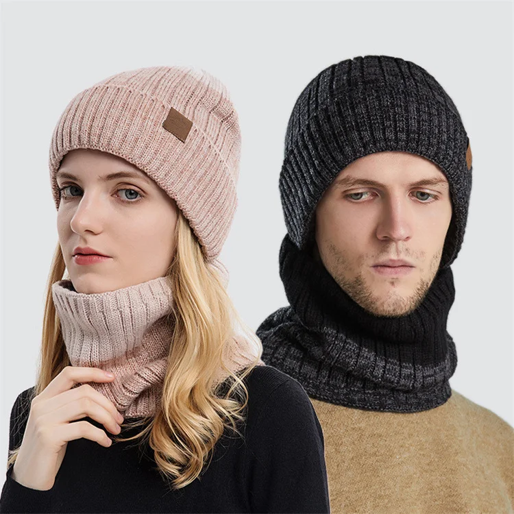 Winter Beanie Hats Scarf Set Warm Knit Hat Skull Cap Neck Warmer with Thick Fleece Lined Winter Hat and Scarf for Men Women