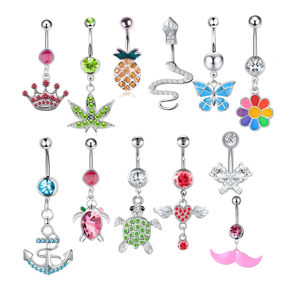 Оптовая продажа, сексуальные хирургические кольца для пирсинга живота из нержавеющей стали, ювелирные изделия, цветные кольца для пупка с кристаллами