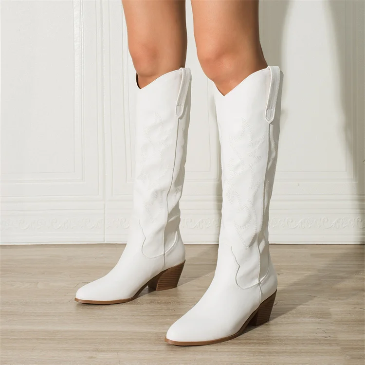 Knee High Seam Mid Heel Almond Pointed Toe Classic Cowgirl Boots Pull On Embroidered pull-on Wide shaft cowboy boots