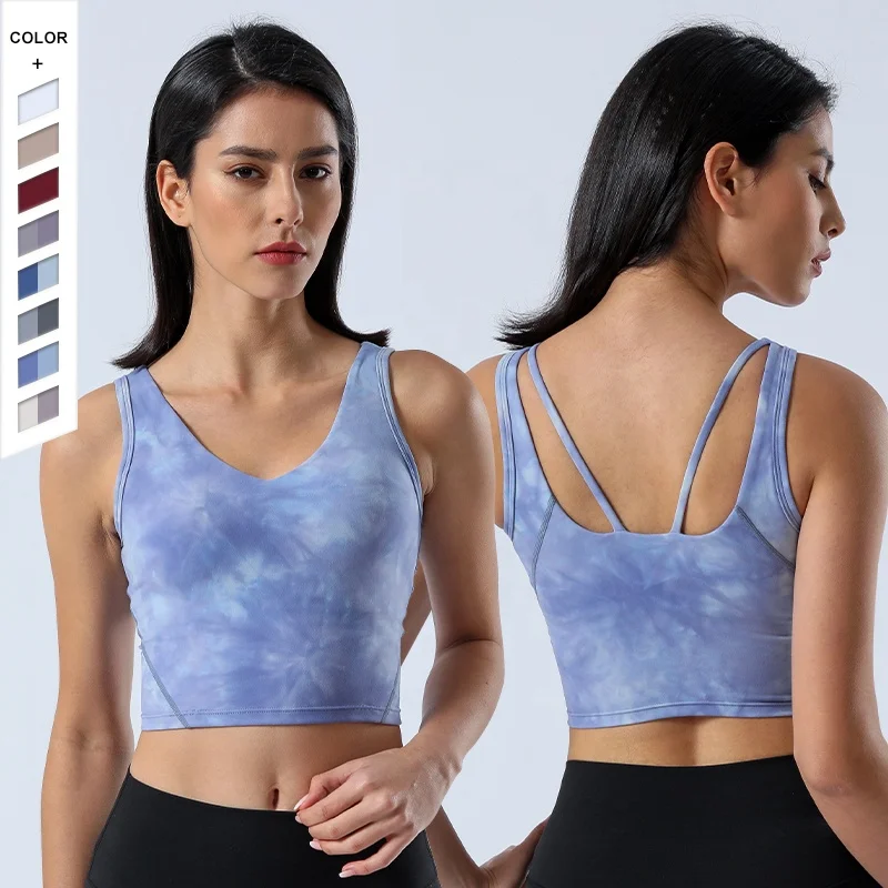 Wholesale High Elasticity Yoga Bras V-Neck Tie Dyed Wrapping Strong Beautiful Back Running Sports Bra