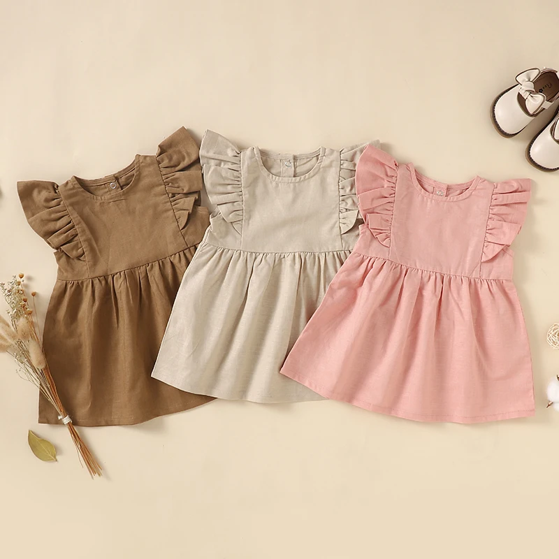 Wholesale Linen Organic Cotton Ruffle Shoulder 1 Year Girl Baby Summer Dresses
