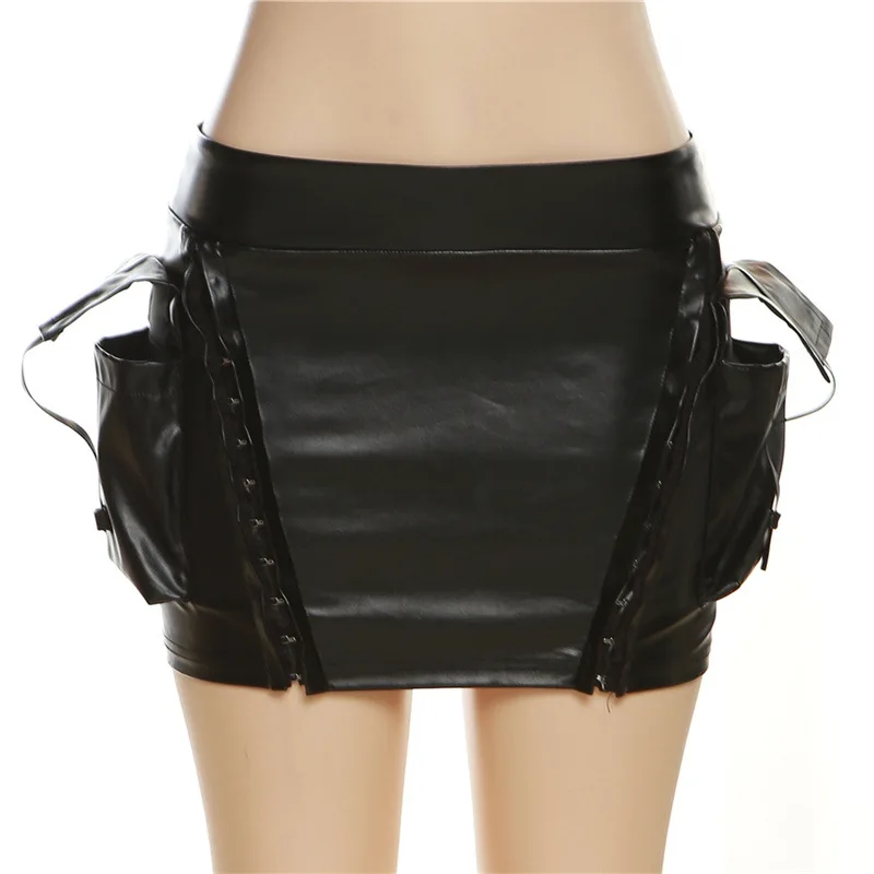 Solid Leather Shiny Sexy Two Pieces Set Women Wrapped Chest Skinny Crop Tops + Pockets Hip Skirt Midnight Clubwear Suit