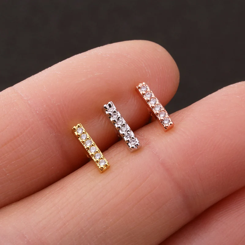 Simple short line rose gold silver cz daith tragus ear rim forward helix piercing jewelry stud screw back earring
