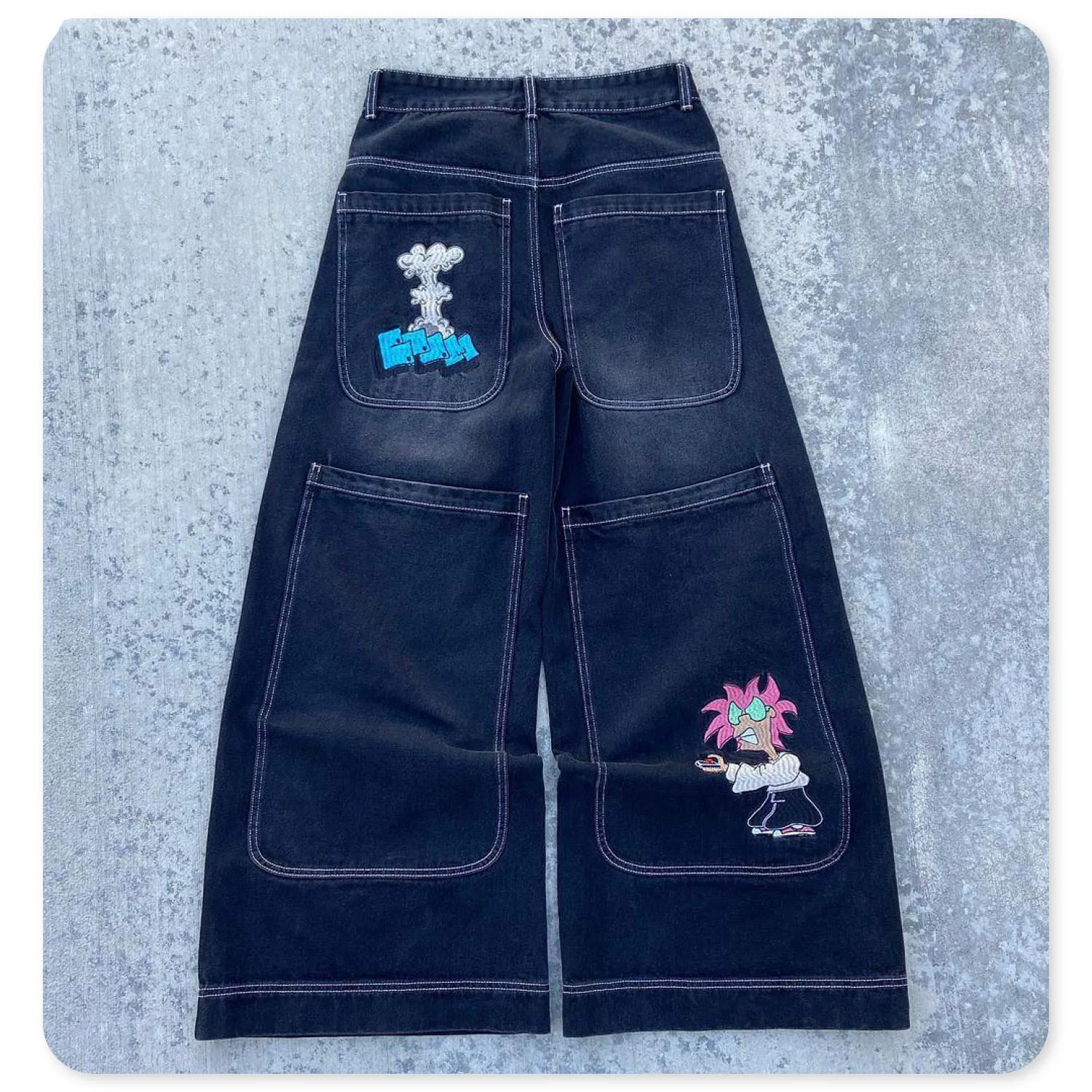 Custom Streetwear Logo Loose Wide Leg Denim Pant Twill Fabric Embroidered Y2k Baggy Pants
