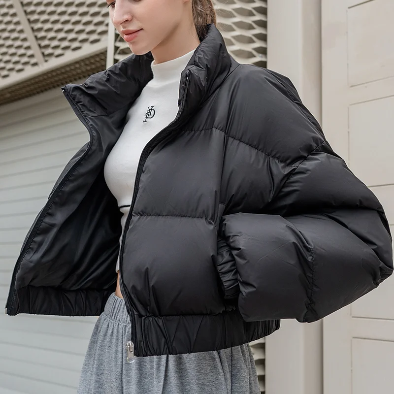 Custom Logo Funnel Collar Wholesale Winter Warm Clothes Coat Long Sleeve Black Crop Waterproof Puffer Jacket Women