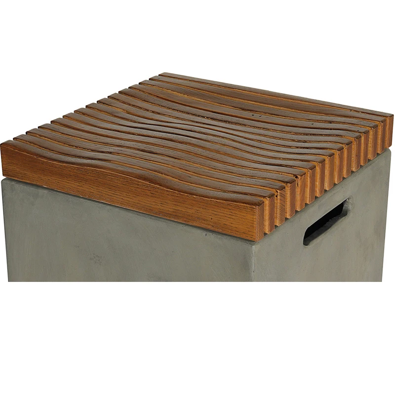 Wooden slat top grey cement bottom GRC GFRC square outdoor indoor ottoman step stool shower stool  foot stool
