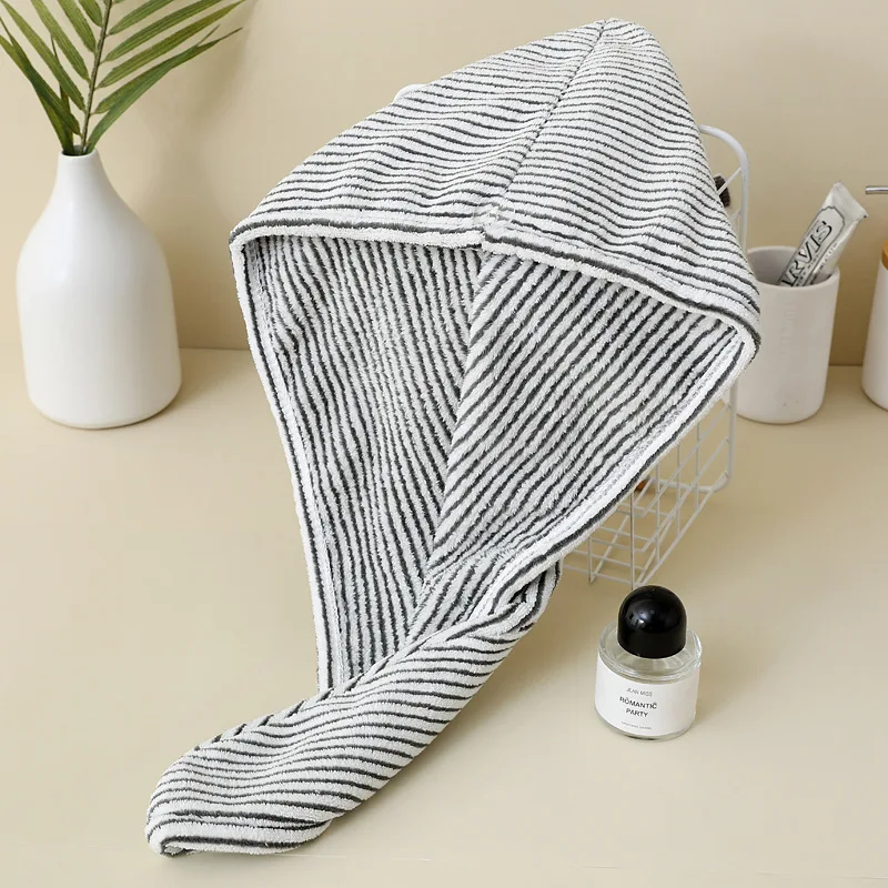 Hot Sale Black And White Color Striped Bamboo Charcoal Fiber Coral Fleece Hair ,Towel Soft Water Absorbent Bathroom Hair Towel