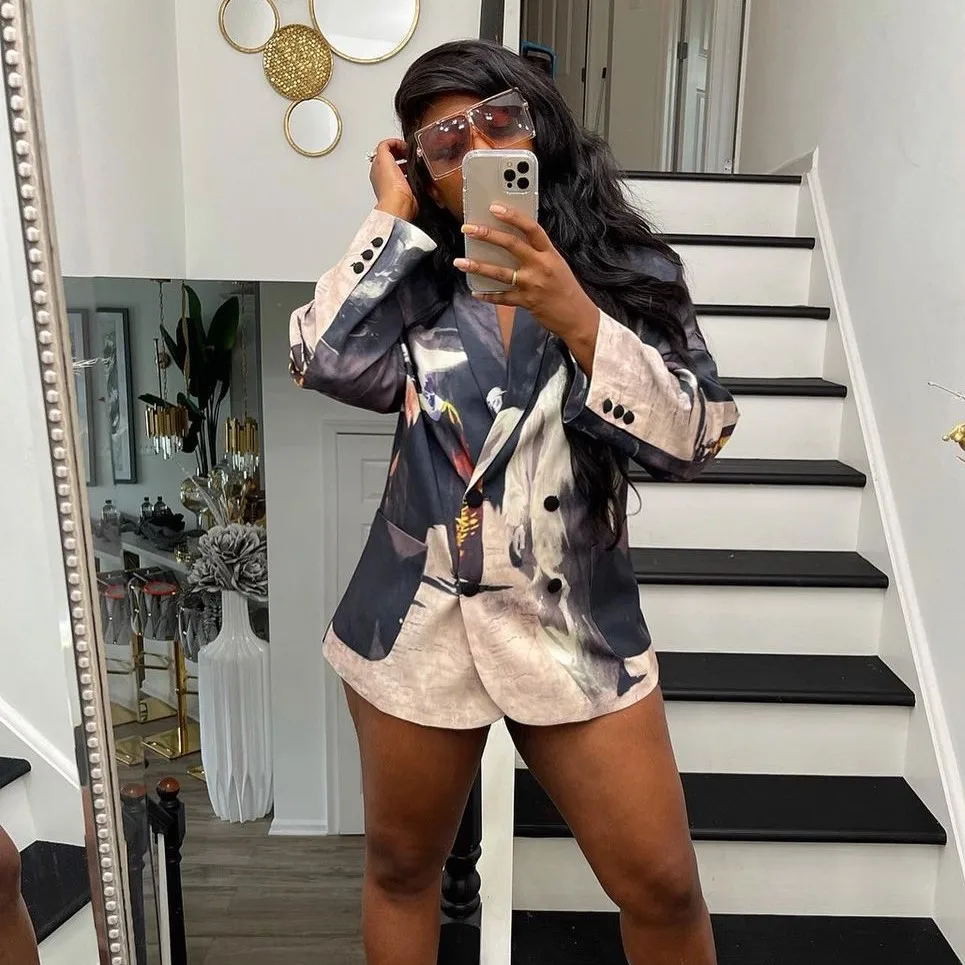 2021 Fall Winter Womens Newest Modern Classy Trendy Printed Black  Blazer Long Ruffled Sleeve Womens Blazers And Coats