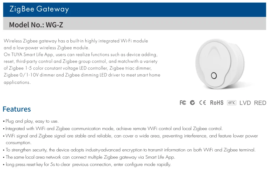 Skydance WG-Z ZigBee Gateway remote WiFi control and local Zigbee control match with Zigbee controllers via Tuya App