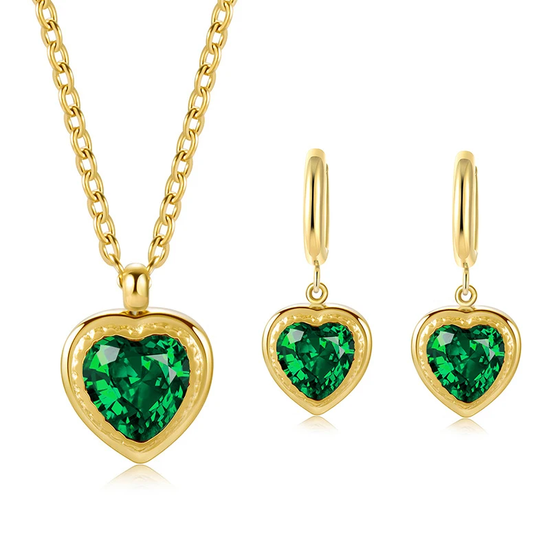 Classic Wedding Cubic Zircon Crystal Emerald Ruby Diamond Heart Pendant Stainless Steel  Necklace and Earring Jewelry Set