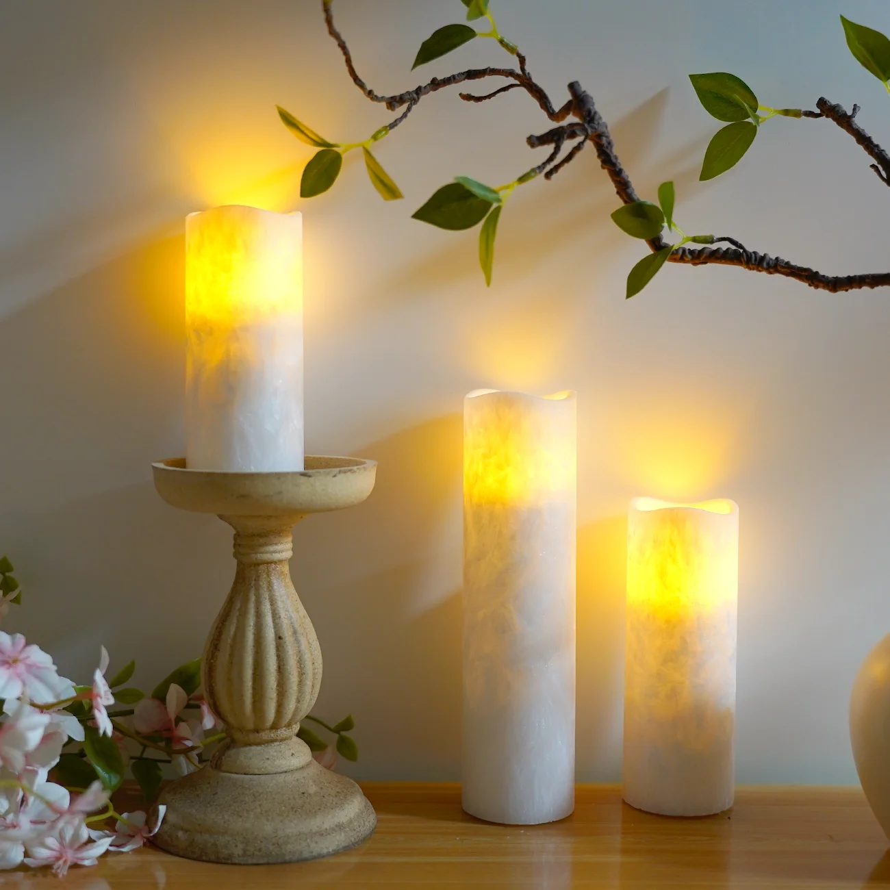 kakoya Set of 5 LED Crystalline wax Flickering Candles Flameless Pillar Candle 24 Hours Timer remote Wedding Party