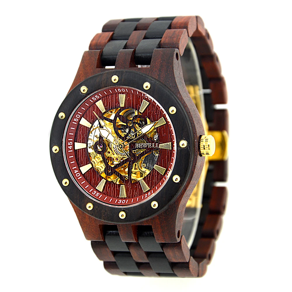 Bewell Branding Wooden Sport Wrist Warch Mechanical Automatic Mens Watches OEM Private Label Watch Custom Logo Timepiece relojes