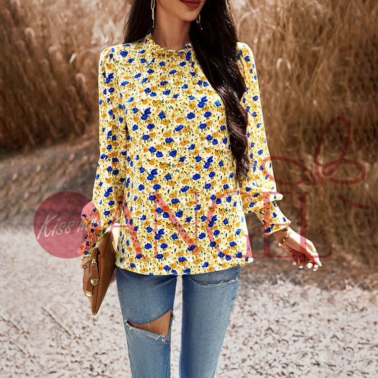 KISS ME ANGEL spring and summer temperament commuting lantern sleeve pleated floral print long sleeved loose shirt office queen