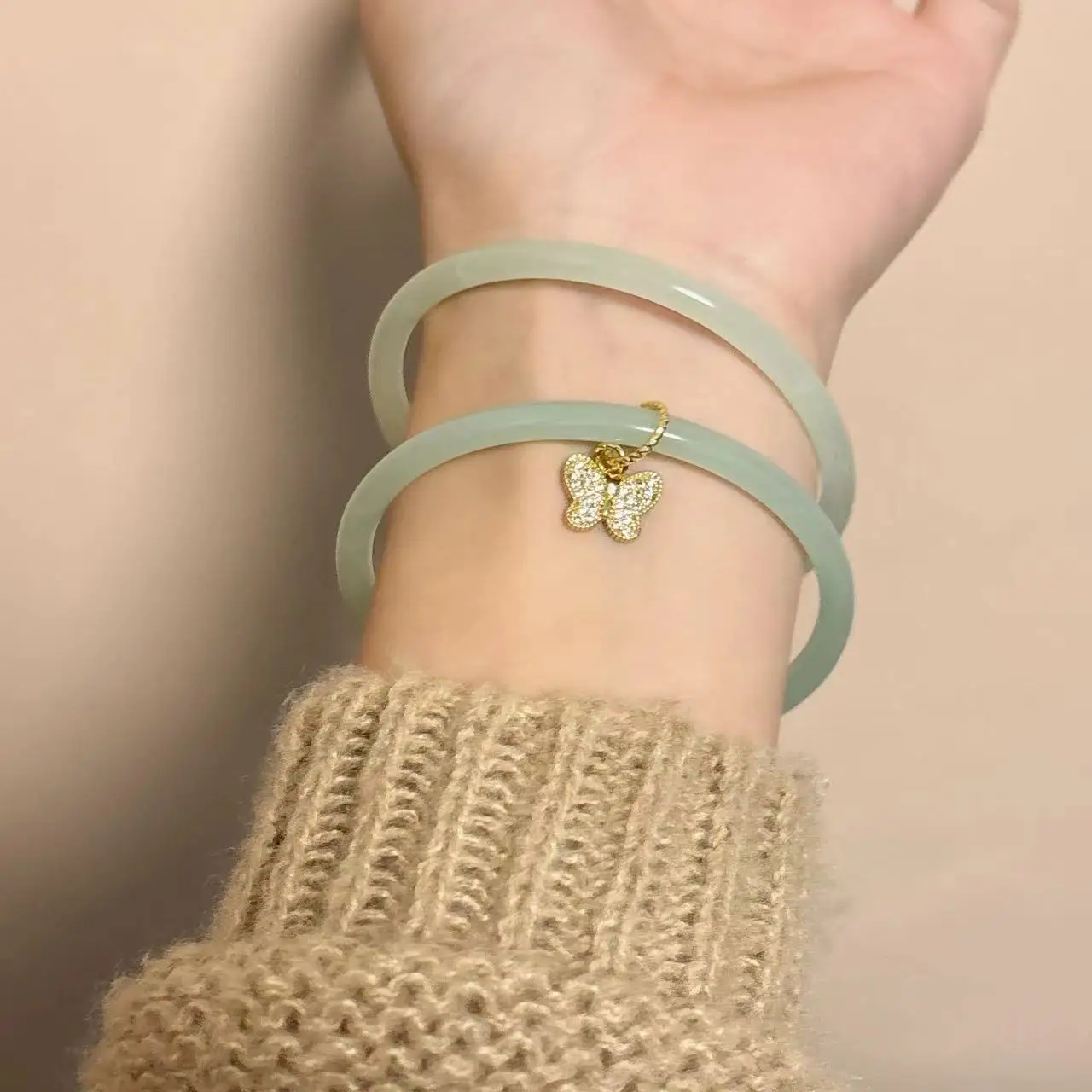 Chinese Style Gradient Color Imitation jade Bangle Zircon Butterfly Charm Cuff Bracelet chalcedony Glaze bracelet for Women