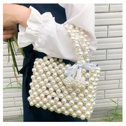 New Arrival Elegant Pearl Handle Acrylic Box Inside Handmade Pearl Bead Clutch Bag beaded Clutch Bag Purse Handbag