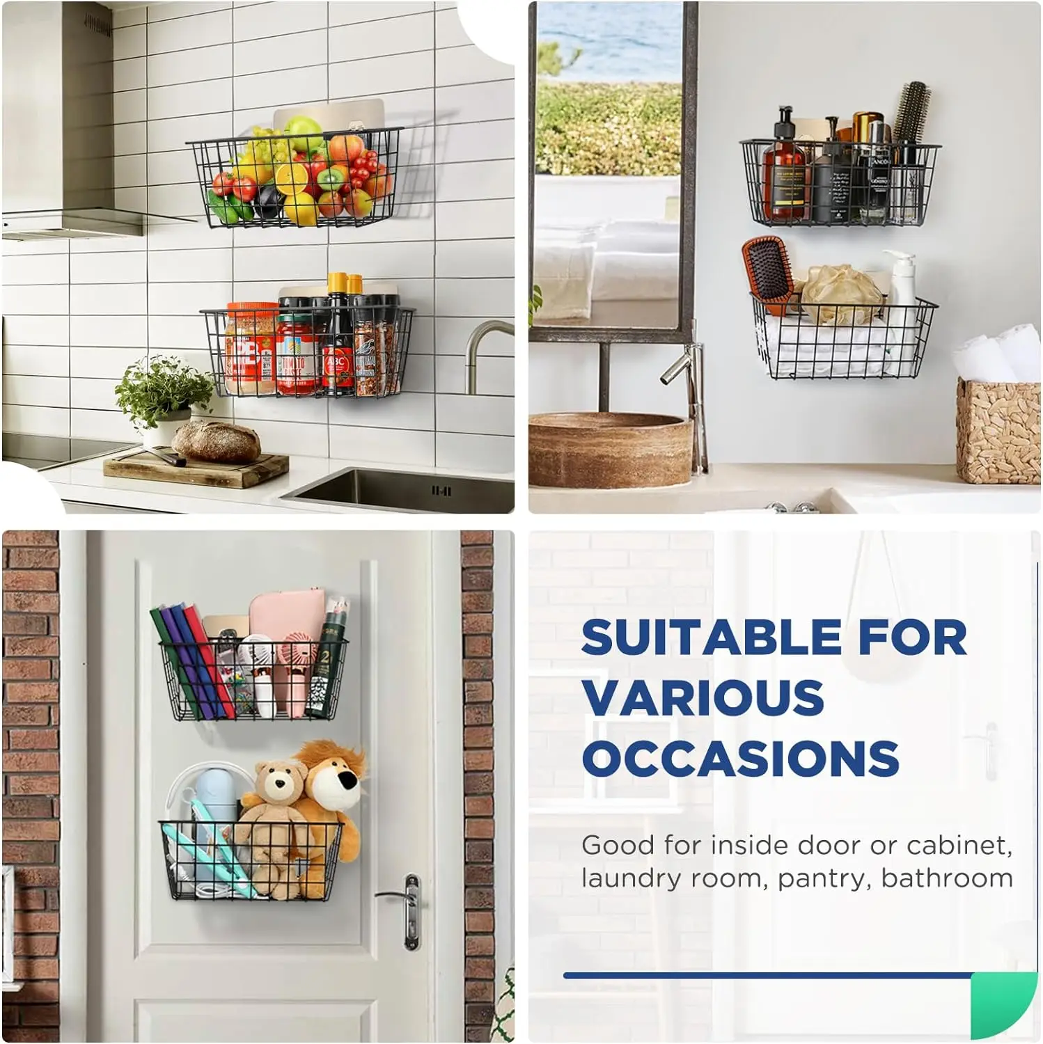 Wire Storage Baskets Adhesive Basket Cabinet Door Organizer No Drilling Sturdy Hanging Fruit Baskets