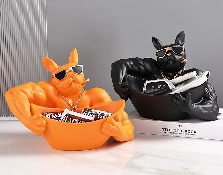 2024 NEW POLYRESIN MUSCLE FRENCH BULLDOG HOLDING HOUSE TABLETOP DECORATIVE CANDY BOWL BOX HOLIDAY GIVEAWAY GIFT SCULPTURE TOY