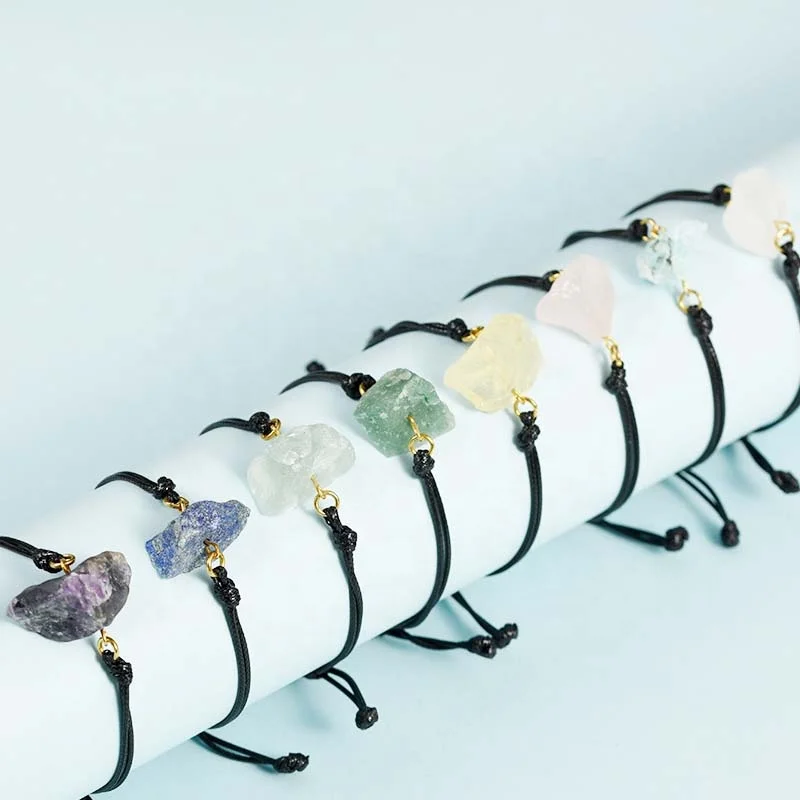Rose Quartz Amethyst Aventurine Raw Gemstone Natural Stone Bracelet Wax Cord Adjustable
