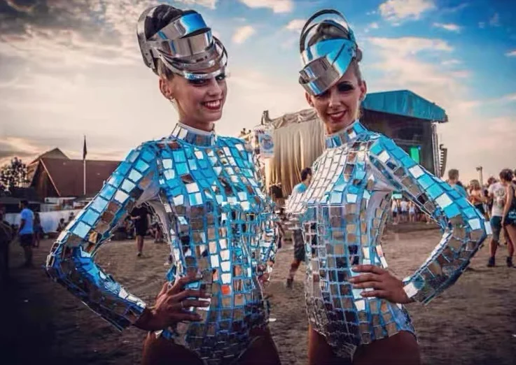 Shiny Sliver Crystal Mirror Dress Carnival Stage Performance Gogo Dancer Costumes Women Night Club Technology Performance Dress