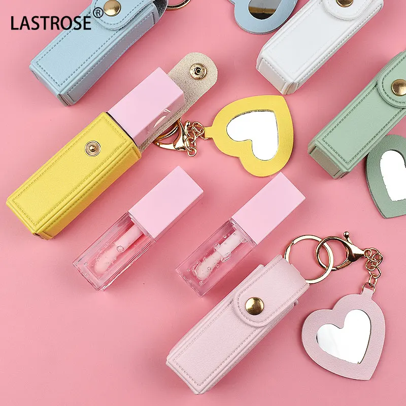 Hot Sell Lipstick holder keychain Mirror PU leather Lip Balm Holder keychain Lipstick Case with Makeup Mirror