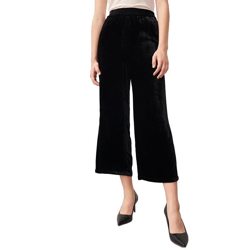 Customized Women Pants Velvet Trousers For Ladies Solid Velour Elastic Waist Loose Fitting Straight Leg Women Velvet Pants